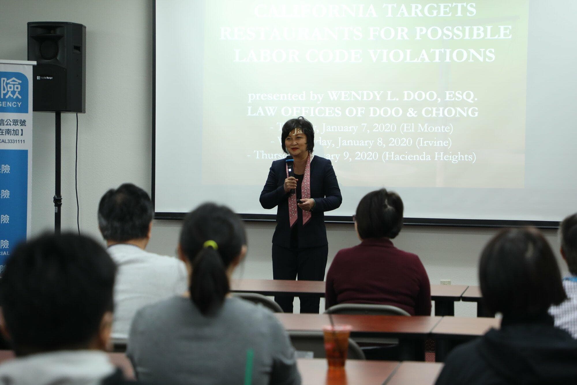 Attorney Wendy Doo presents on labor code issues for restaurants at the KCAL Insurance seminar for restaurant owners