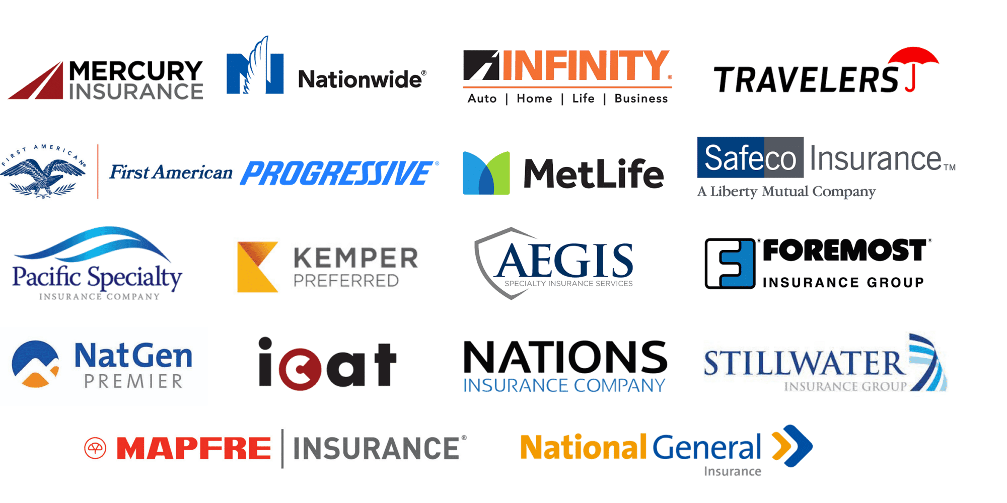 华兴保险代理的A级保险公司：Mercury、Nationwide、Infinity、Travelers、First American、Progressive、MetLife、Safeco、Pacific Specialty、Kemper、Aegis、Foremost、NatGen、ICAT、Nations、Stillwater、Mapfre、National General